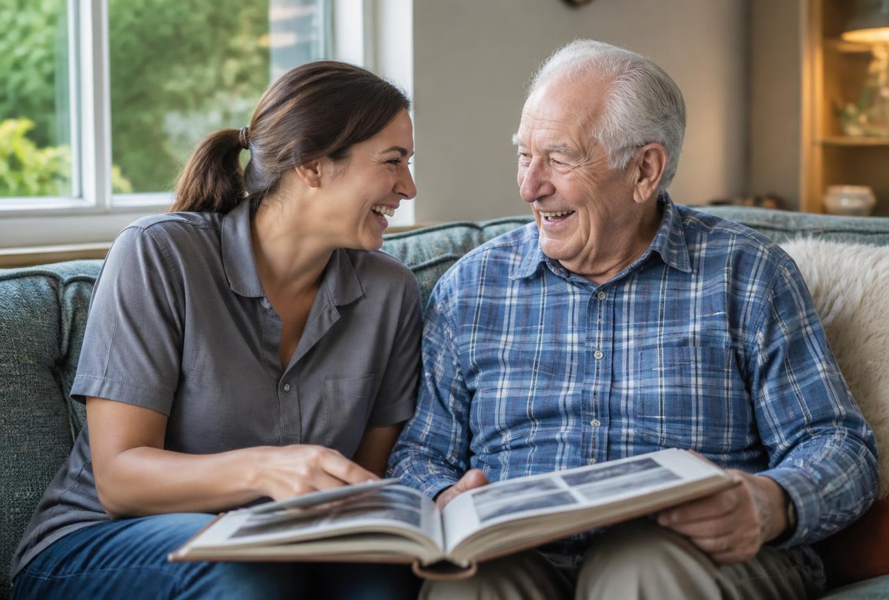 Caregiver laughing with an older man while looking through a family photo album