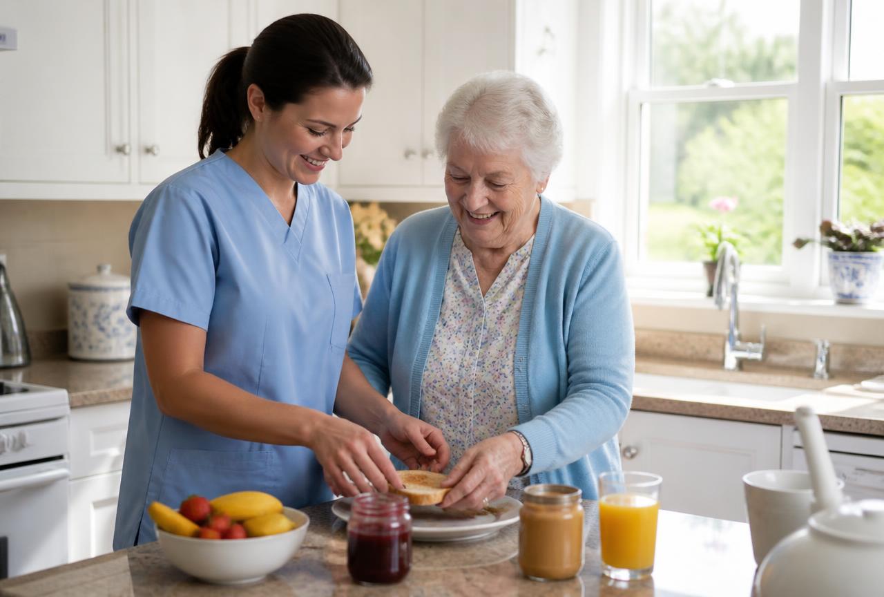 Home health aide helping a smiling older woman prepare breakfast in her kitchen
