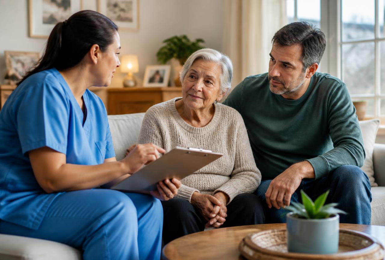 Care coordinator reviewing a home care plan with an older woman and her son