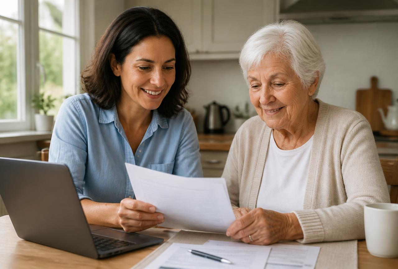 Adult daughter and her mother reviewing home care insurance paperwork at the kitchen table