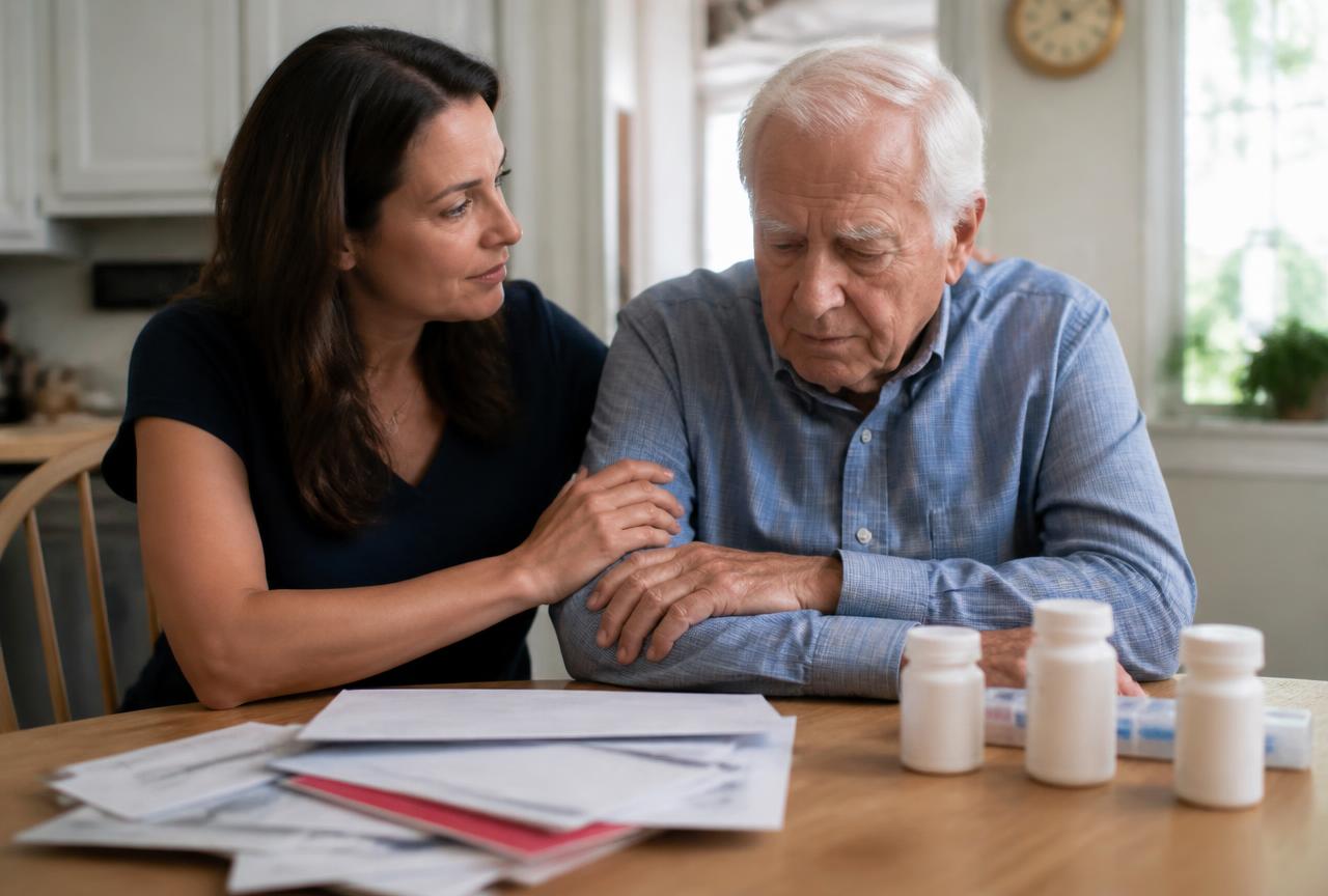 Adult daughter comforting her elderly father at a kitchen table with unopened mail and pill bottles