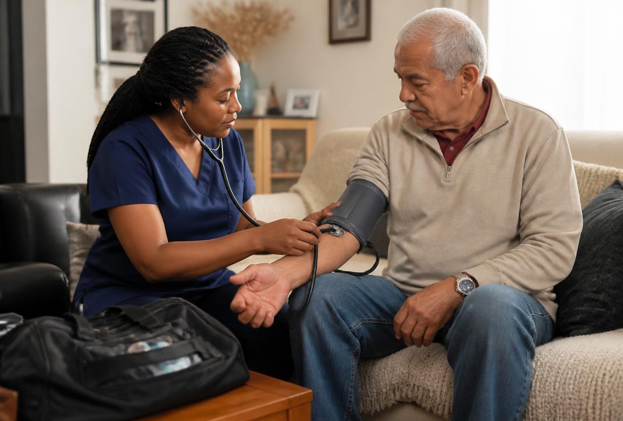 Visiting nurse checking an older man's blood pressure in his living room